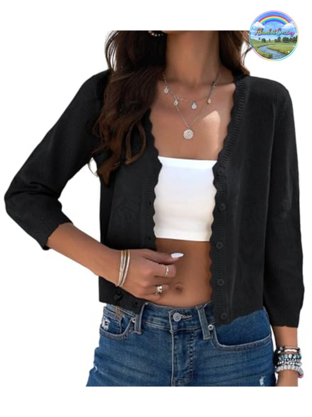 Womens Crochet Crop Cardigan Lightweight 3/4 Sleeve Button Shrug